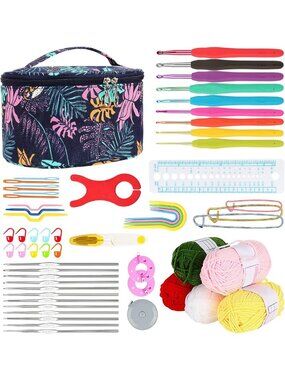 Beginner Crochet Kit - Navy Leaves, Full Starter Set with Ergonomic Hooks & Yarn
